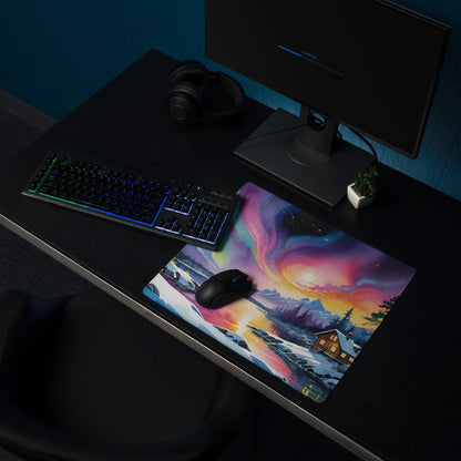Vibrant aurora borealis gaming mouse pad with mountains cabin non-slip base