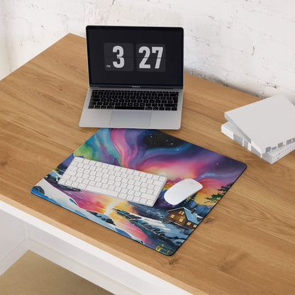 Vibrant aurora landscape large gaming mouse pad with non-slip base and edge stitching