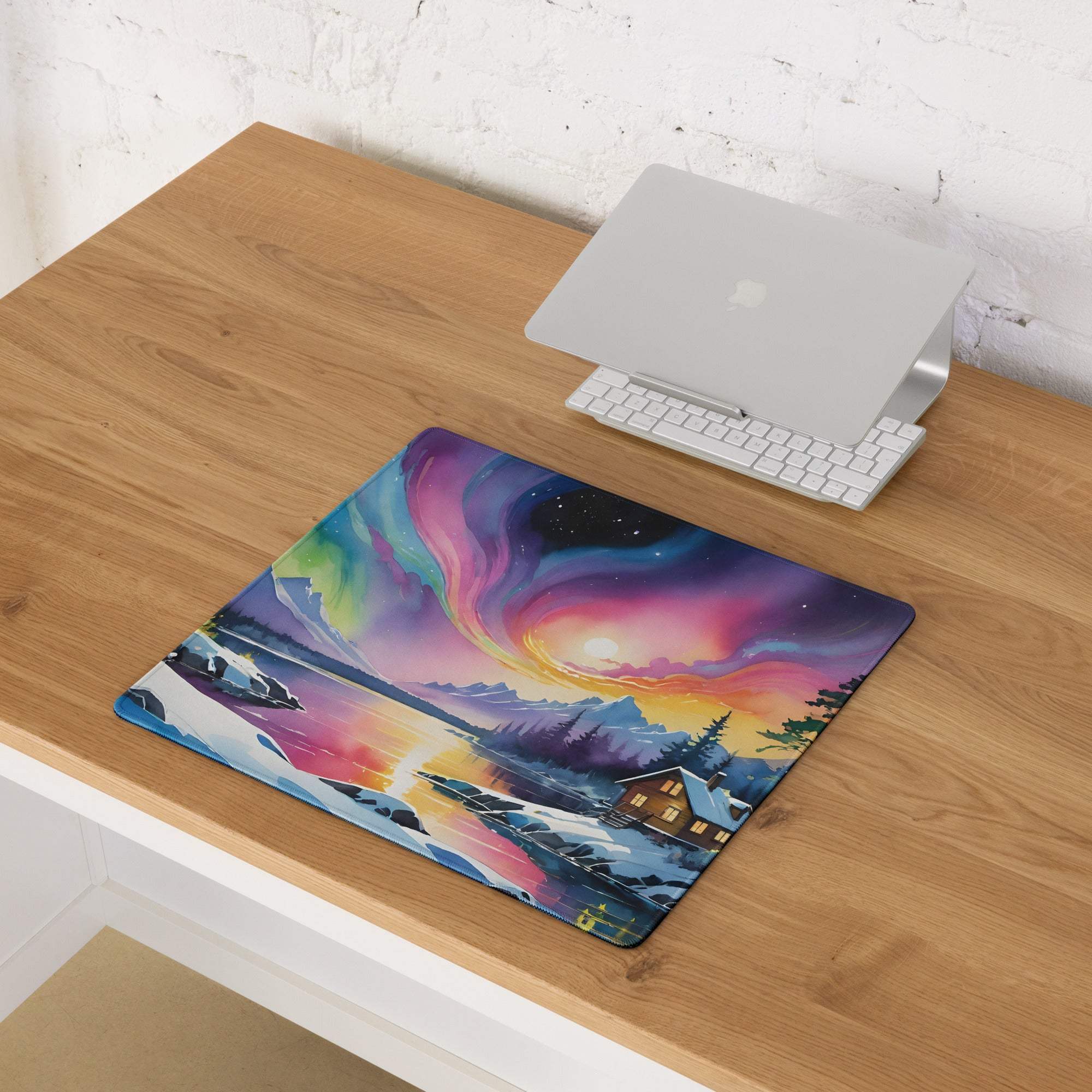 Vibrant aurora borealis gaming mouse pad with snowy landscape and cabin