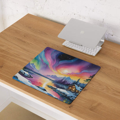 Vibrant aurora borealis gaming mouse pad with snowy landscape and cabin