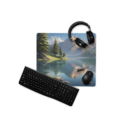 Large serene mountain lake gaming mousepad with black keyboard and mouse