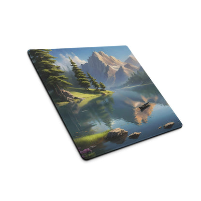 Large serene mountain lake gaming mouse pad with calm blue tones, non-slip base