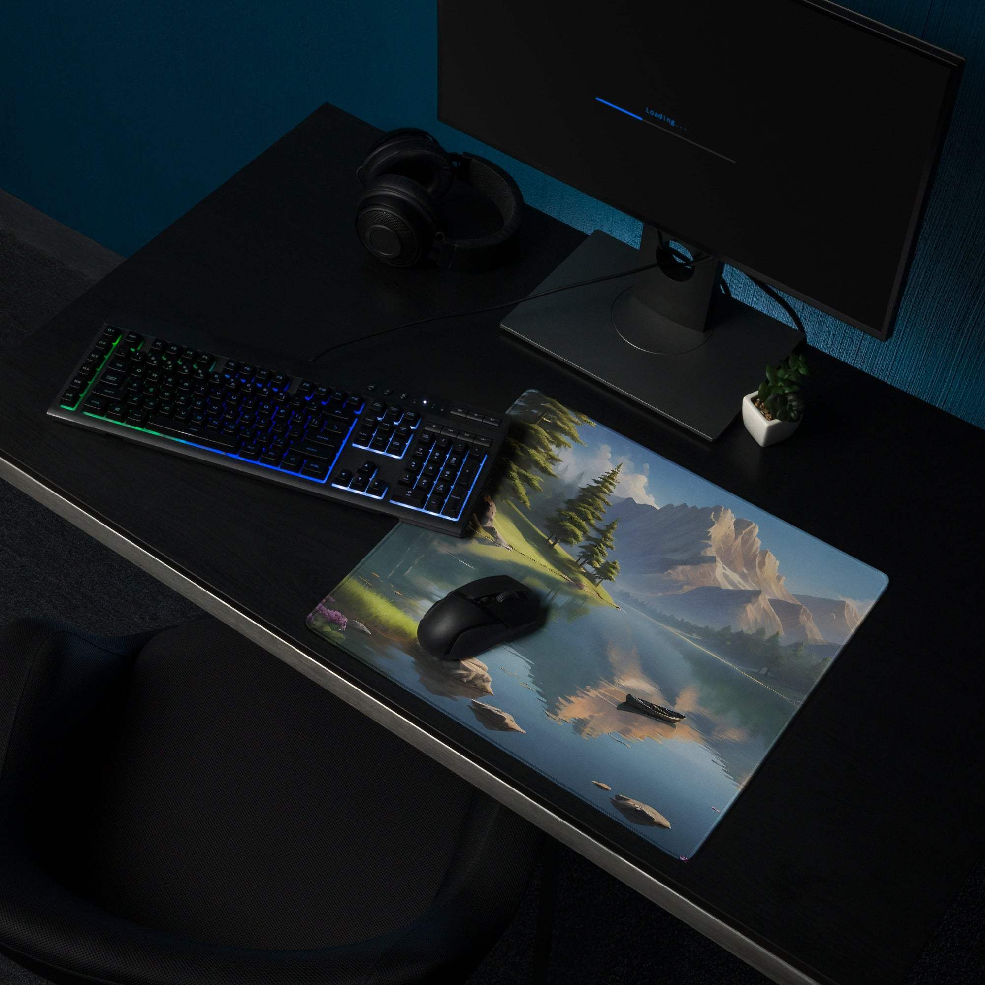 Large serene landscape gaming mouse pad with mountain lake in calm blue tones