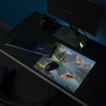 Large serene landscape gaming mouse pad with mountain lake in calm blue tones