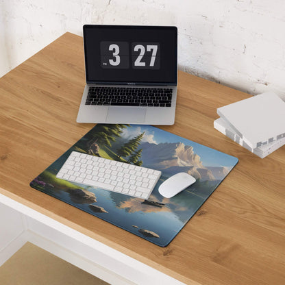 Large serene mountain lake gaming mouse pad with evergreen trees and calm blue tones