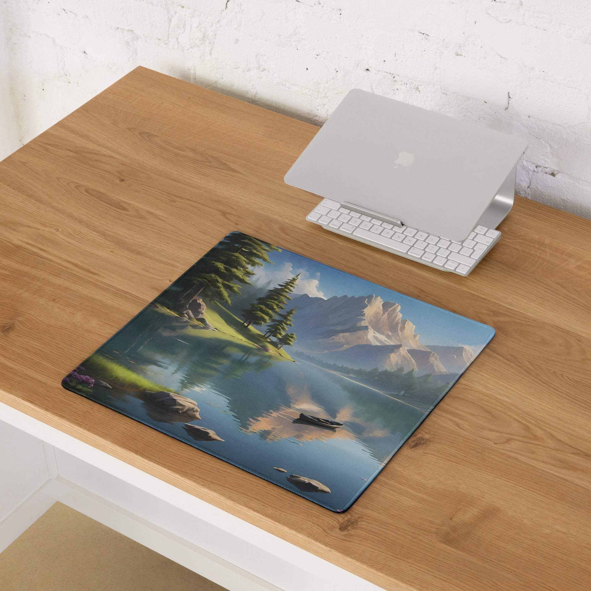 Large serene landscape gaming mouse pad with mountain lake, pine trees, non-slip base