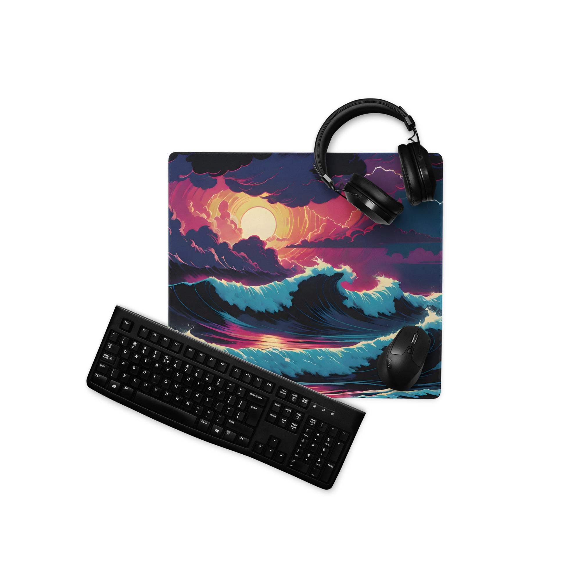 Epic ocean sunset fantasy gaming mousepad with neon waves, headphones, keyboard