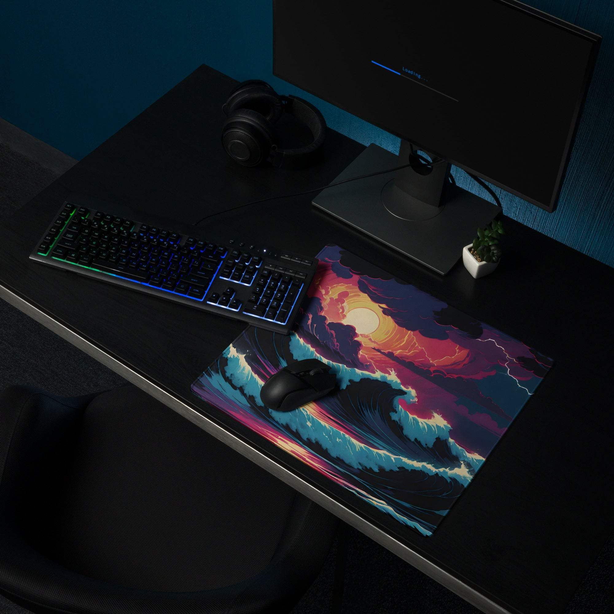 Epic Ocean Sunset gaming mouse pad with vibrant neon waves and glossy finish