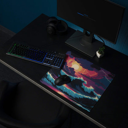 Epic Ocean Sunset gaming mouse pad with vibrant neon waves and glossy finish