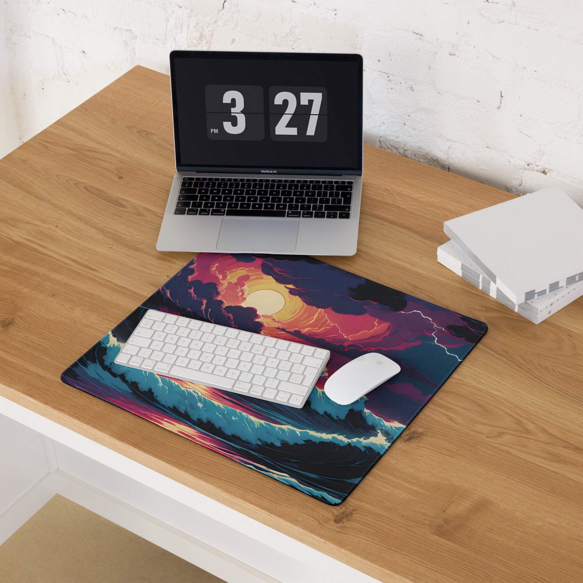 Epic ocean sunset fantasy gaming mouse pad with vibrant blues, purples, nebulae, and waves