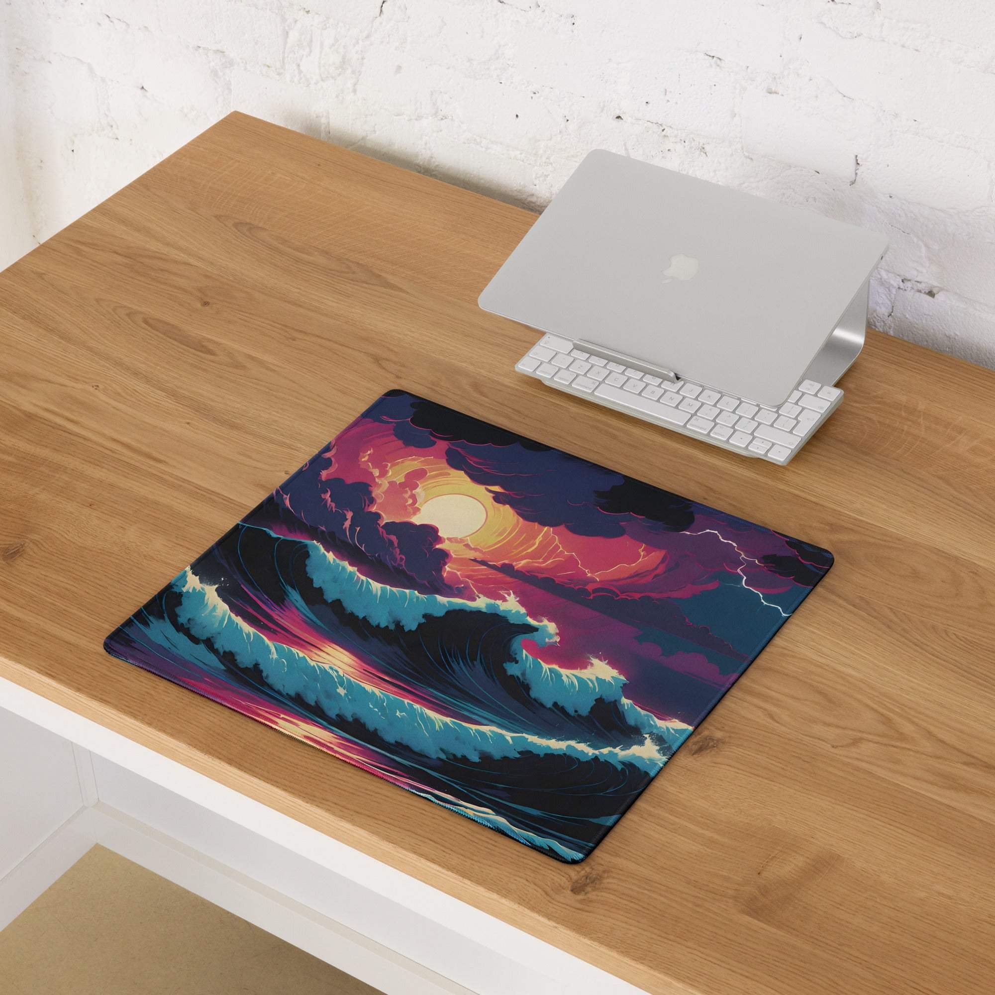 Epic ocean sunset fantasy gaming mouse pad with vibrant purple teal orange waves