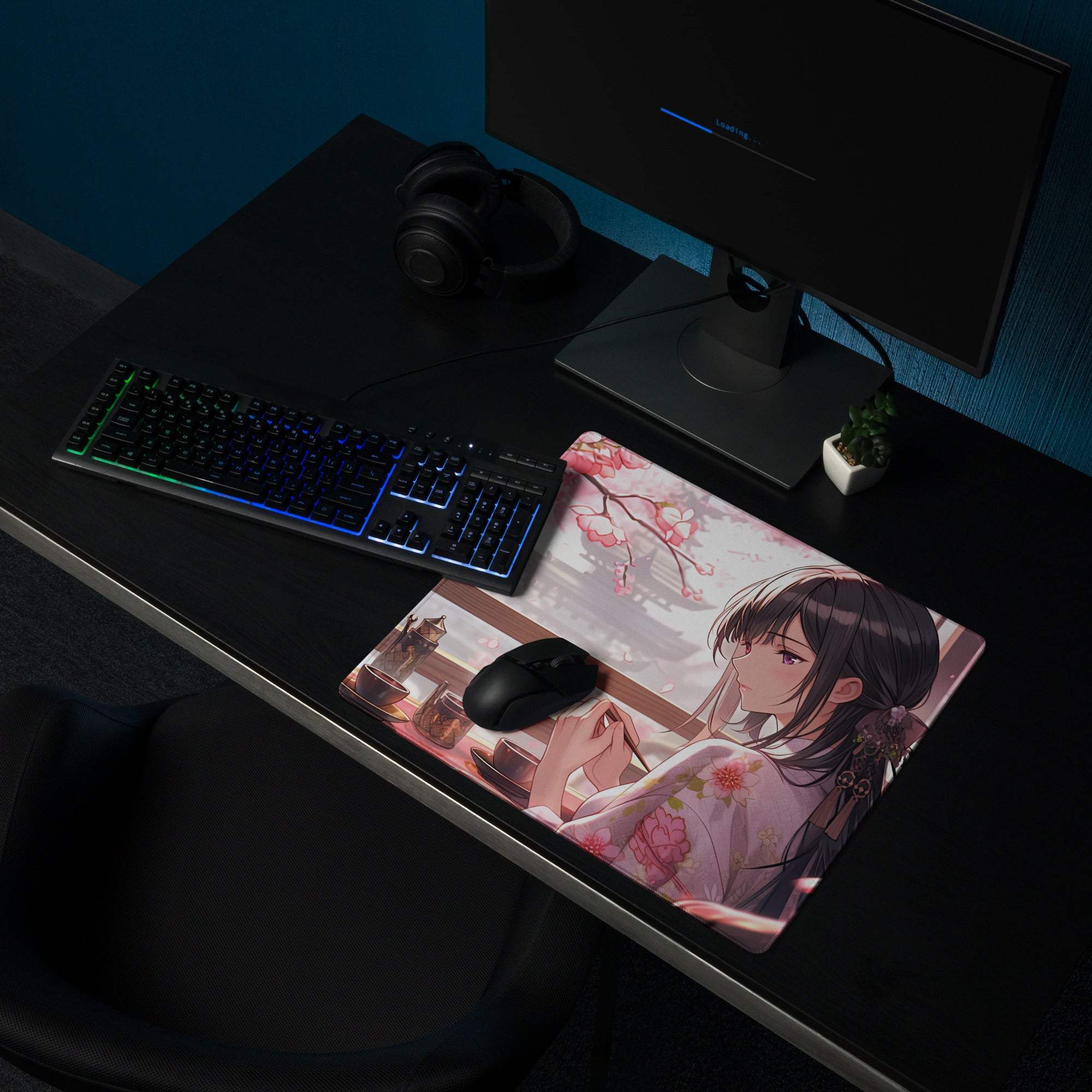 Anime cherry blossom girl in pink kimono on large gaming mouse pad