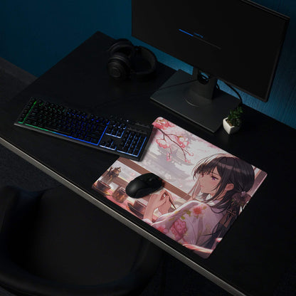 Anime cherry blossom girl in pink kimono on large gaming mouse pad