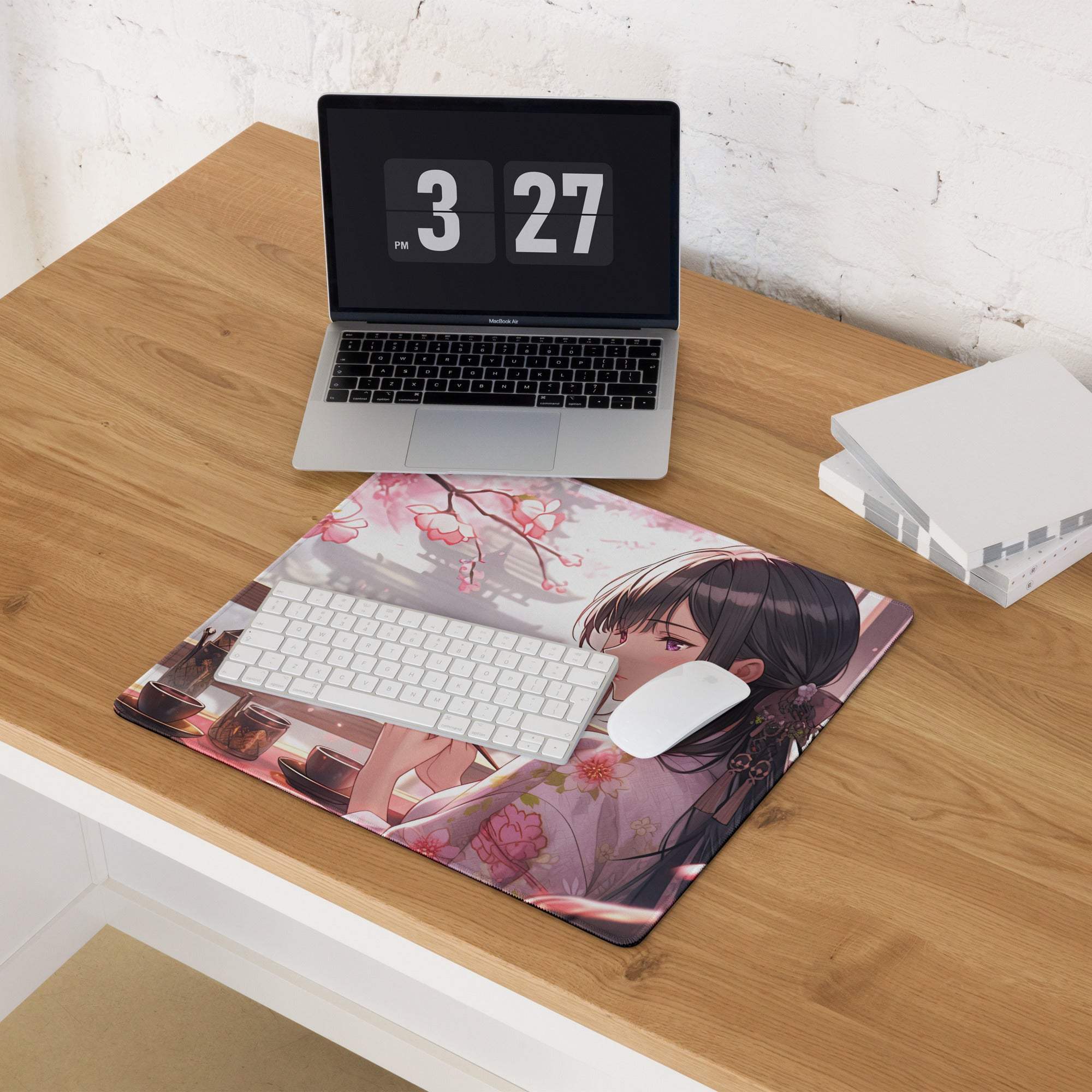 Anime cherry blossom girl in pink kimono on large gaming mouse pad