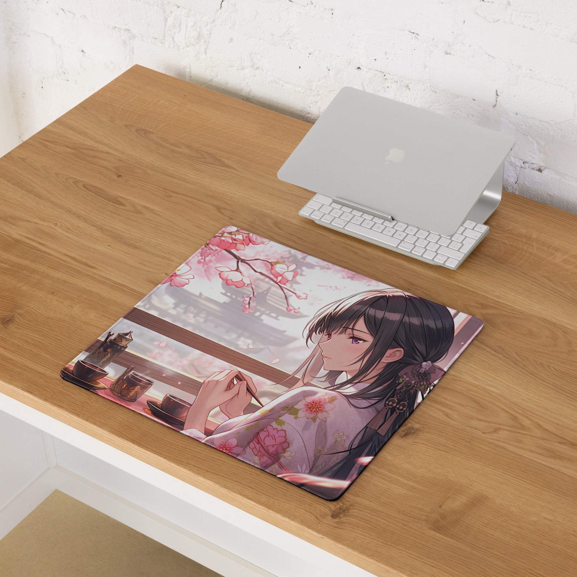 Anime cherry blossom girl in pink kimono on large gaming mouse pad