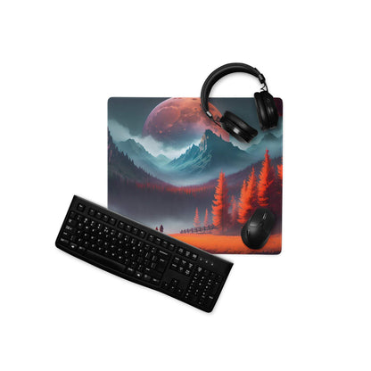 Epic red forest fantasy landscape black gaming mousepad with mountains, orange-red moon