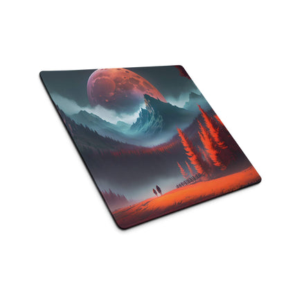 Epic red forest fantasy gaming mouse pad with large red moon and misty mountains