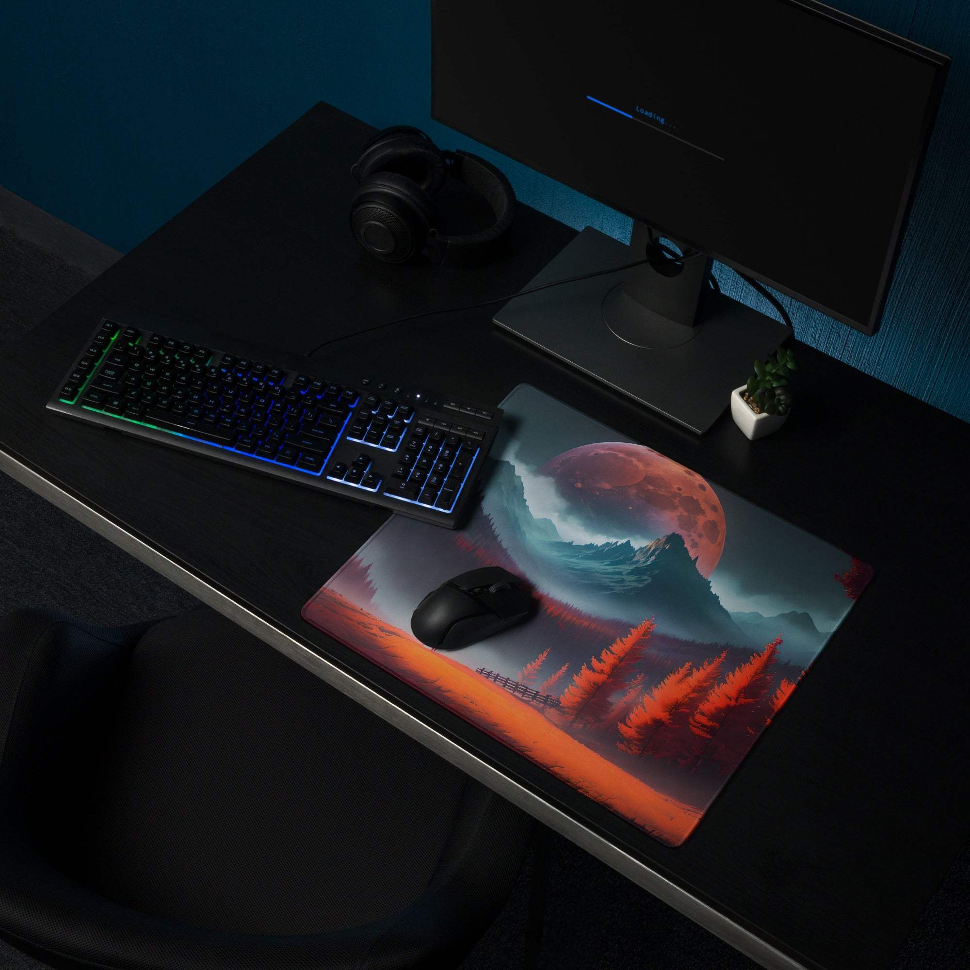 Epic Red Forest gaming mouse pad with pink moon landscape, non-slip base