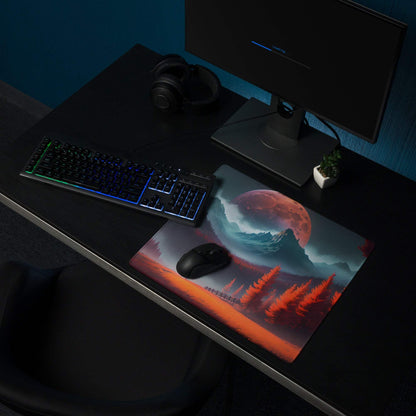 Epic Red Forest gaming mouse pad with pink moon landscape, non-slip base