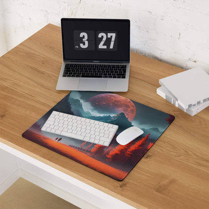 Epic red forest fantasy gaming mousepad with moonlit mountains, keyboard, mouse