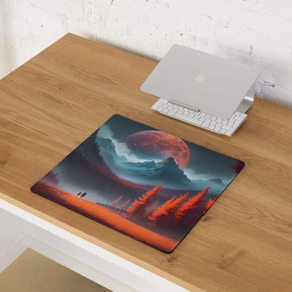 Epic red forest fantasy gaming mouse pad with red-orange moon over misty mountains
