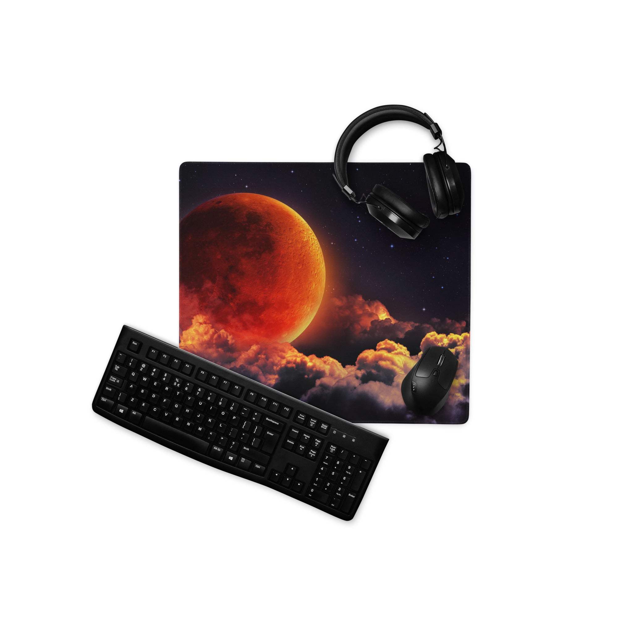 Large Epic Cosmic Red Moon gaming mouse pad with vivid red planet starry sky