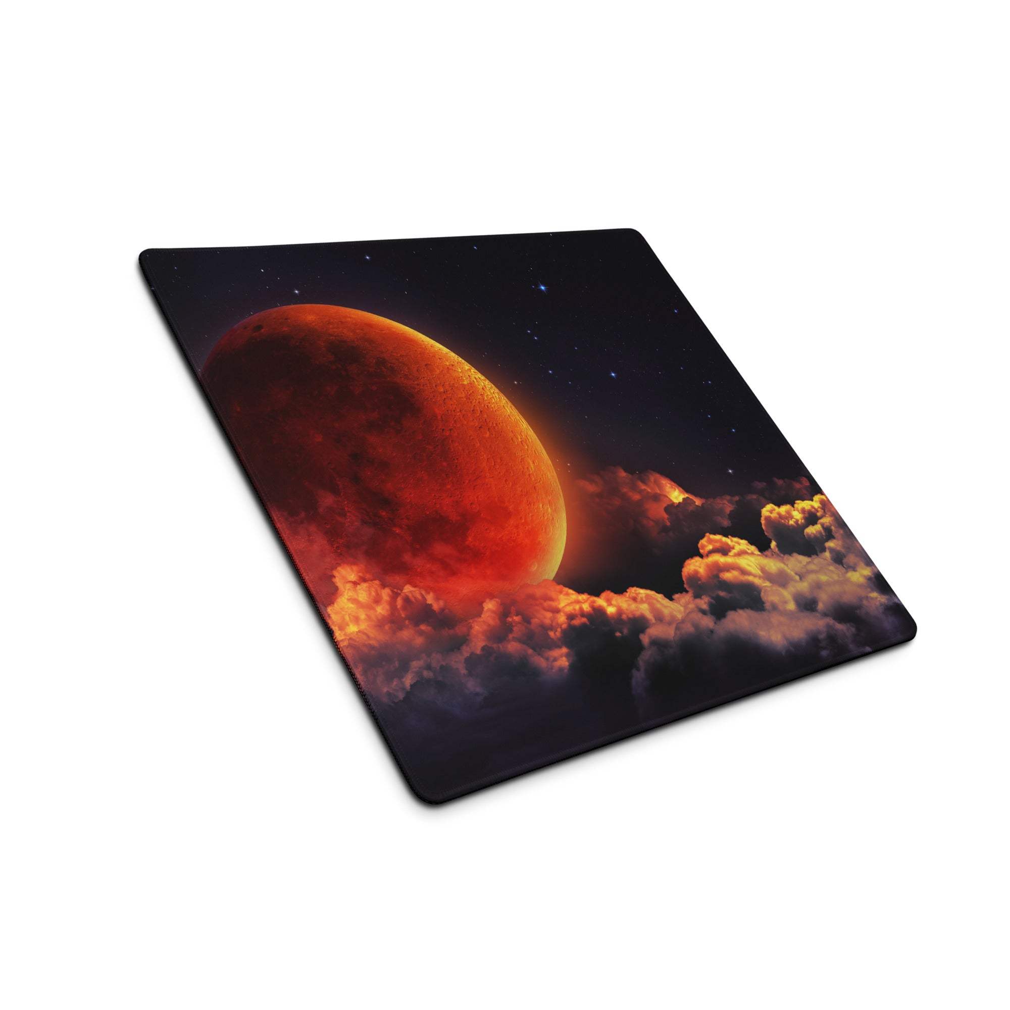 Epic Cosmic Red Moon gaming mouse pad with glowing fiery celestial design