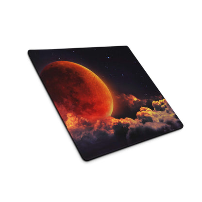 Epic Cosmic Red Moon gaming mouse pad with glowing fiery celestial design
