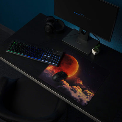 Epic Cosmic Red Moon gaming mouse pad with mouse on starry fiery sky design