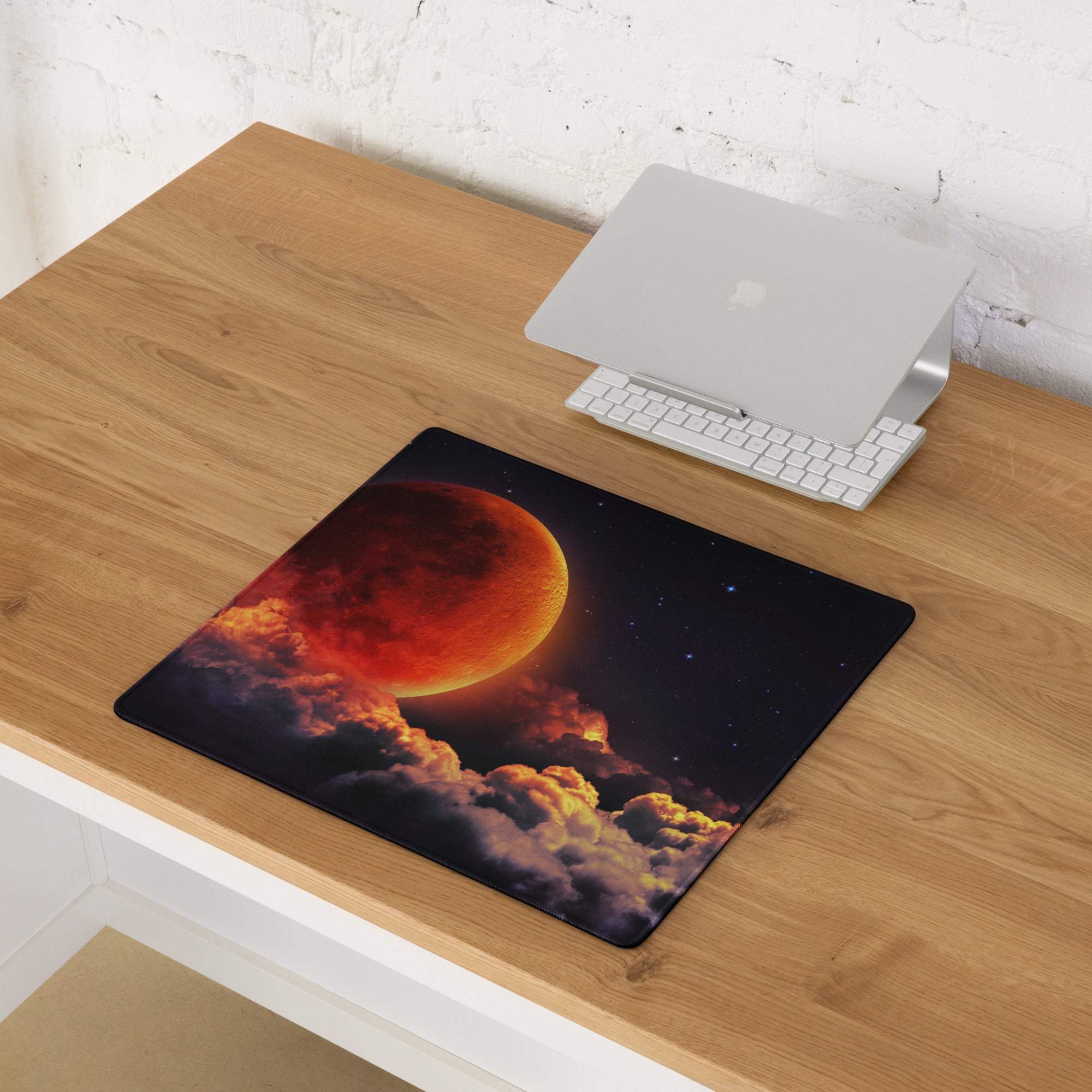 Epic Cosmic Red Moon large gaming mouse pad with vivid fiery planet scene