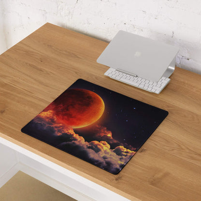 Epic Cosmic Red Moon large gaming mouse pad with vivid fiery planet scene
