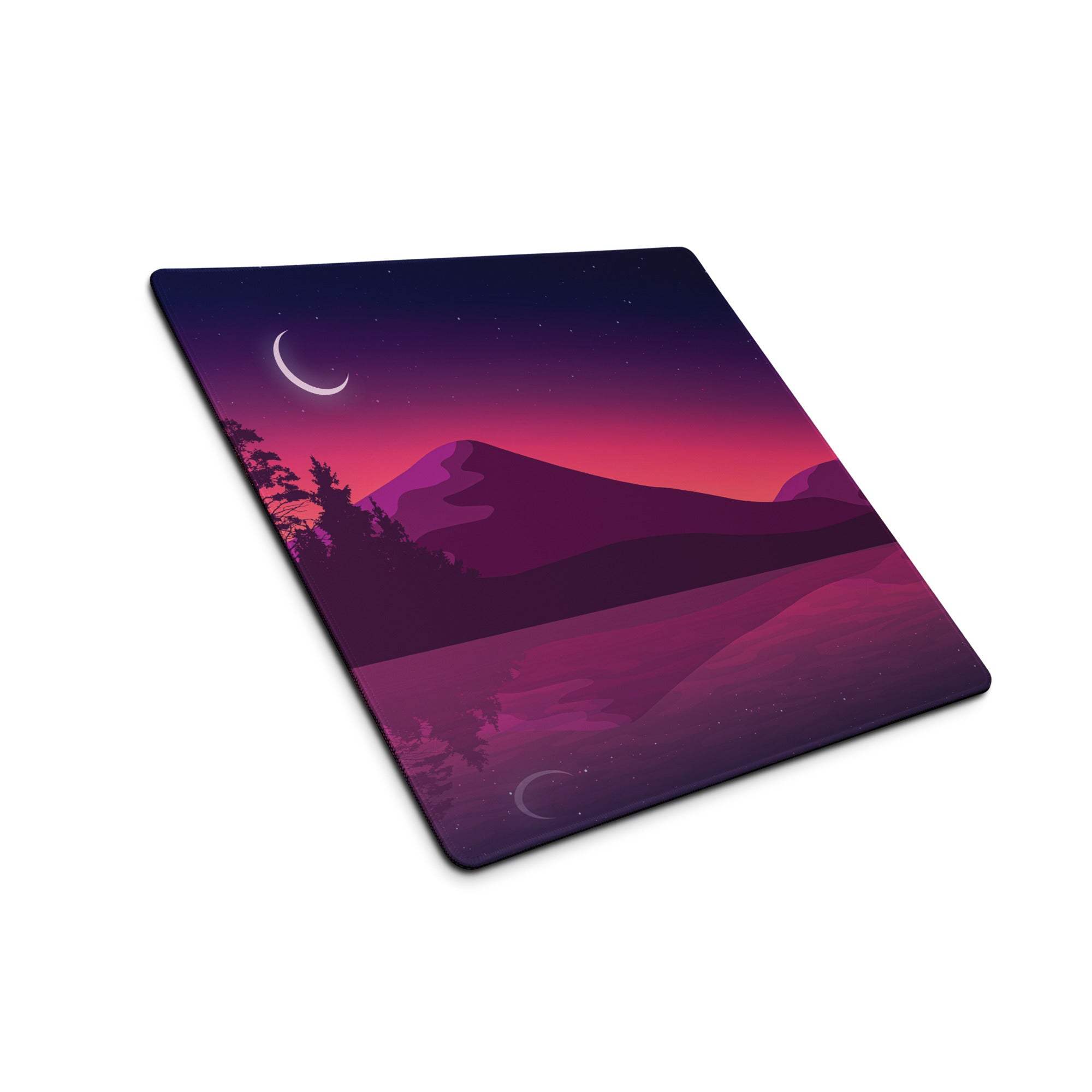 Purple pink gradient landscape gaming mousepad with crescent moon, trees, mountains reflection