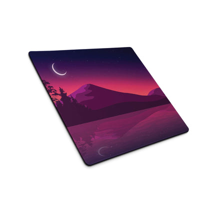 Purple pink gradient landscape gaming mousepad with crescent moon, trees, mountains reflection