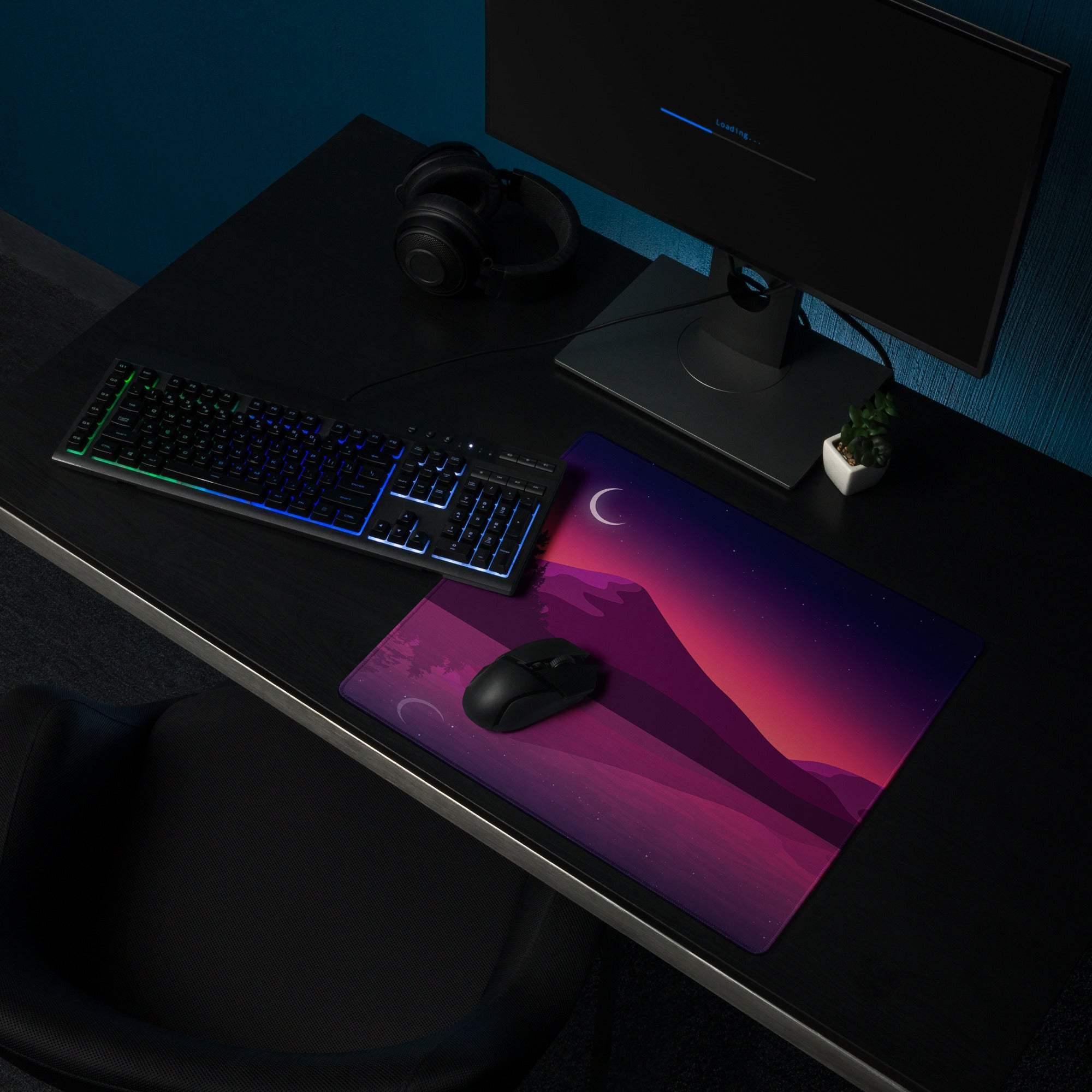 Purple pink gradient gaming mousepad with crescent moon over stylized mountains