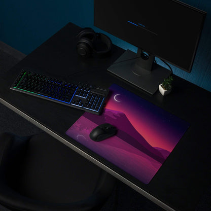 Purple pink gradient gaming mousepad with crescent moon over stylized mountains