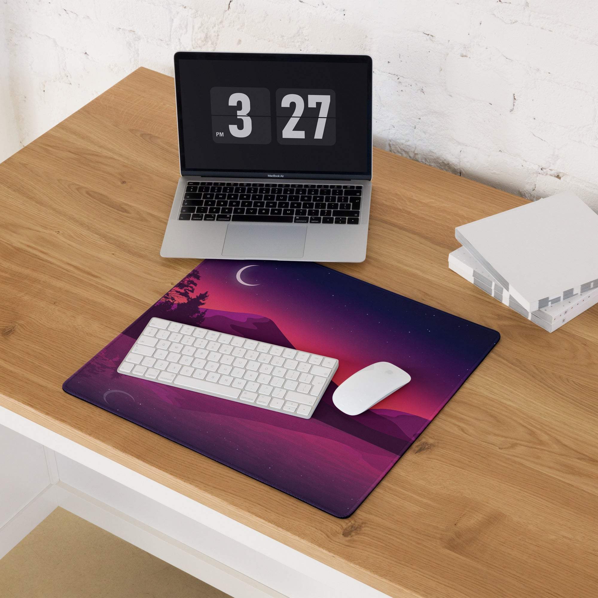 Purple pink gradient landscape mousepad with crescent moon and non-slip base