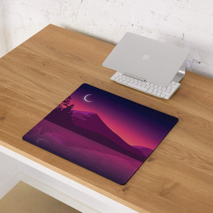 Purple gradient landscape gaming mousepad with crescent moon, silhouetted trees, mountains, large size, non-slip base
