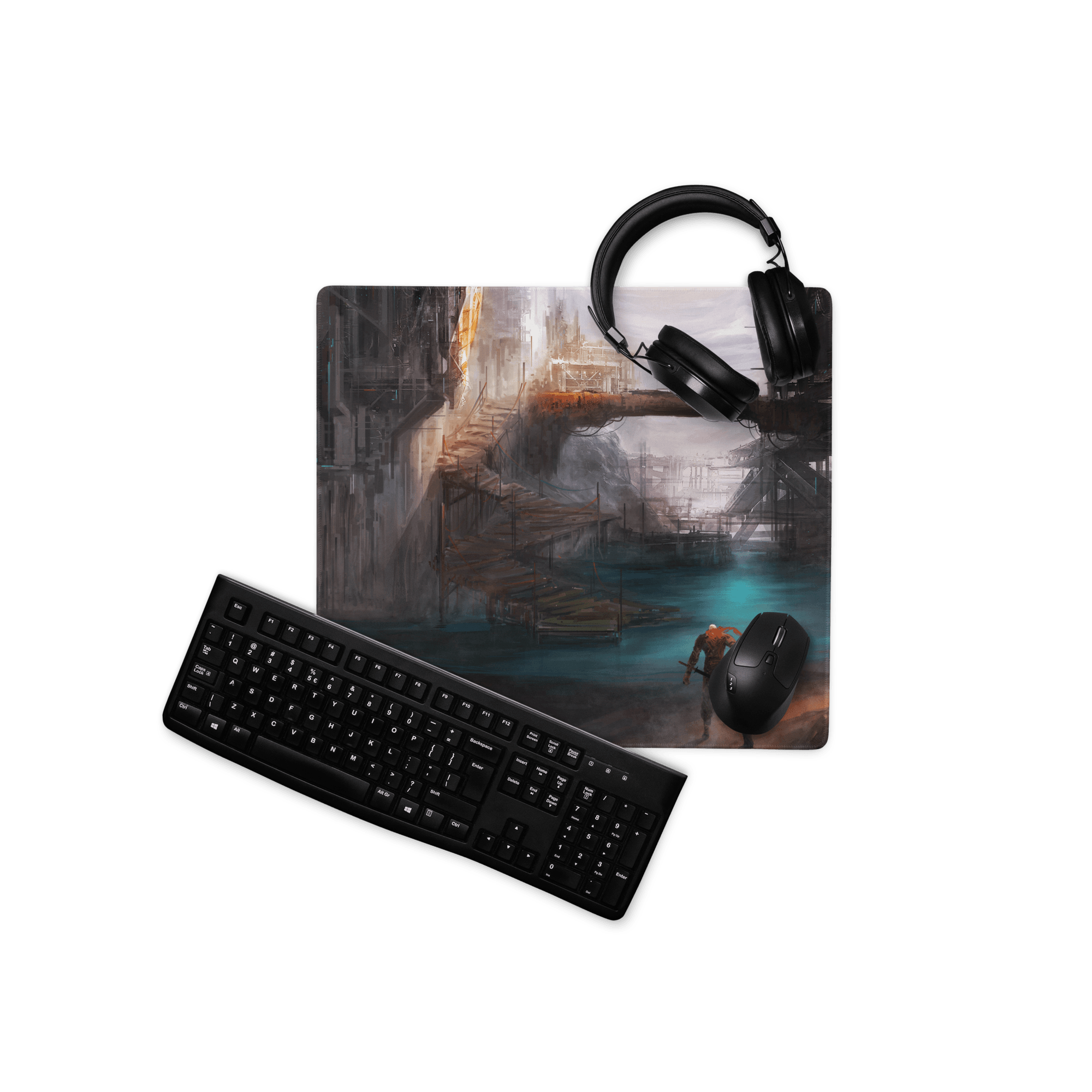 Black gaming mousepad with epic sci-fi dystopian cityscape, teal water, gray architecture, large non-slip base