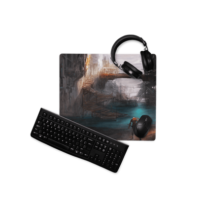 Black gaming mousepad with epic sci-fi dystopian cityscape, teal water, gray architecture, large non-slip base