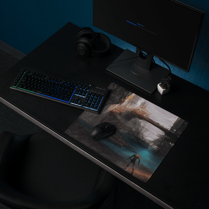Epic sci-fi dystopian city gaming mouse pad with lone figure in industrial landscape