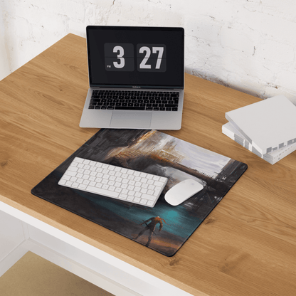 Dark fantasy gaming mousepad with epic dystopian city scene and non-slip base