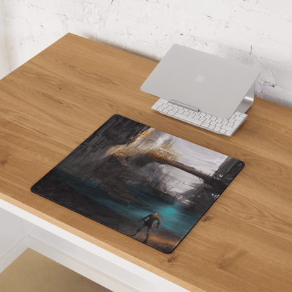Epic sci-fi dystopian city gaming mouse pad with glowing teal ruins