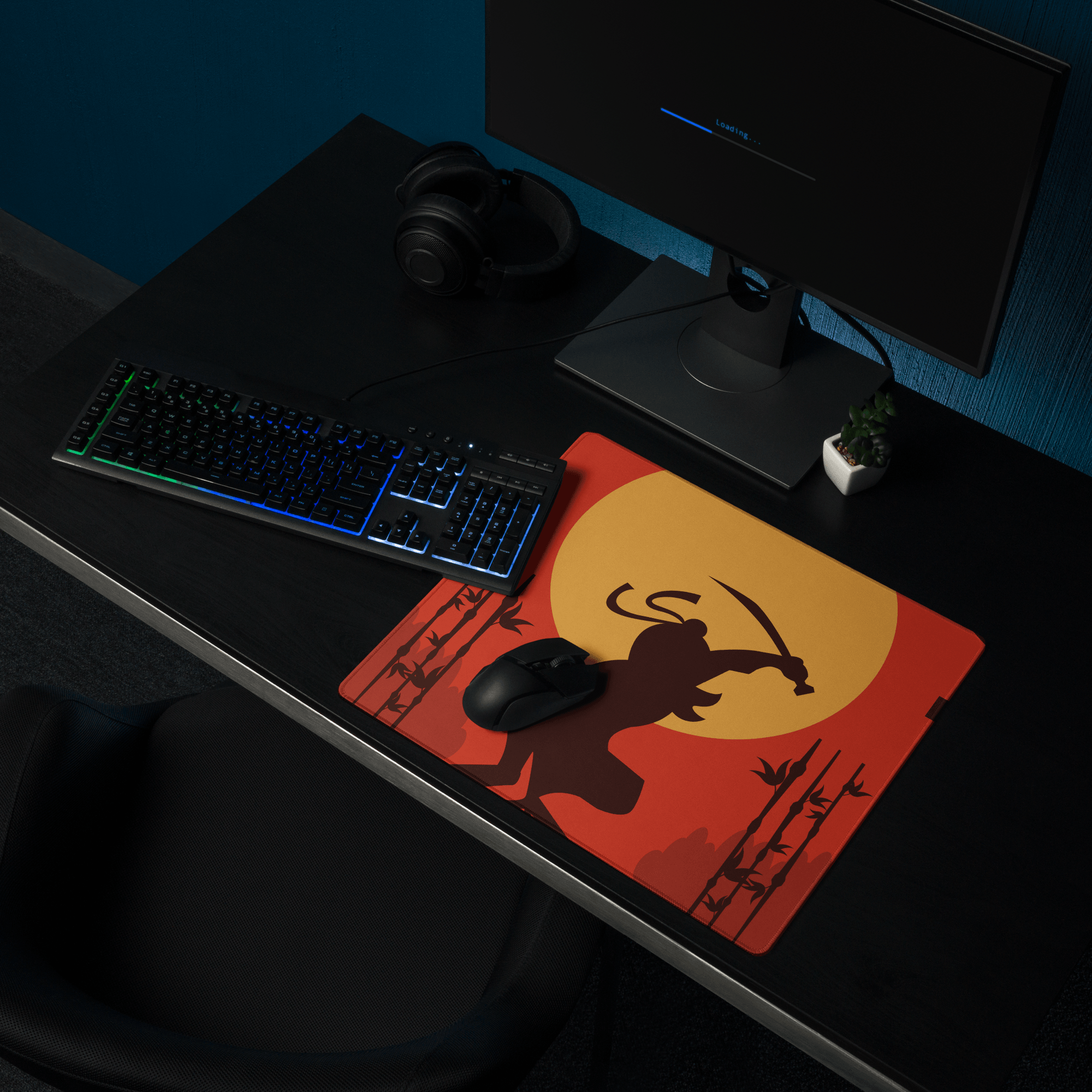 Red orange ninja silhouette Epic Samurai Sunset gaming mouse pad