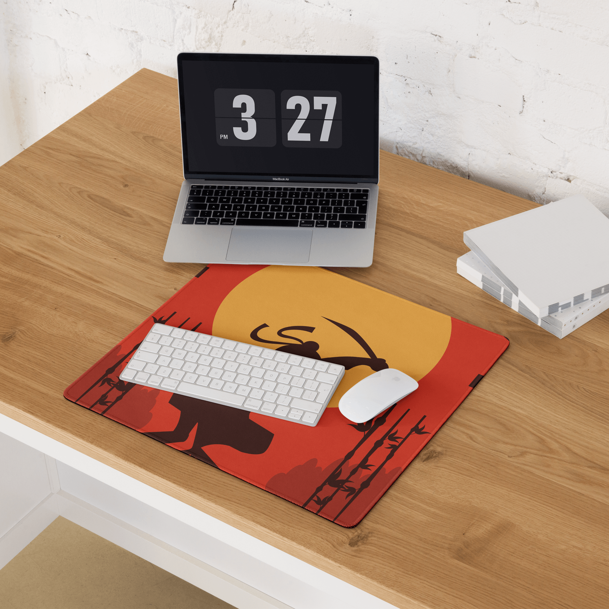 Epic Samurai Sunset large gaming mouse pad with red orange deer silhouette