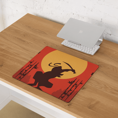 Red orange ninja laptop sleeve on Epic Samurai Sunset gaming mouse pad