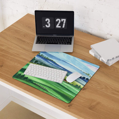 Watercolor landscape large gaming mouse pad with green hills and blue sky