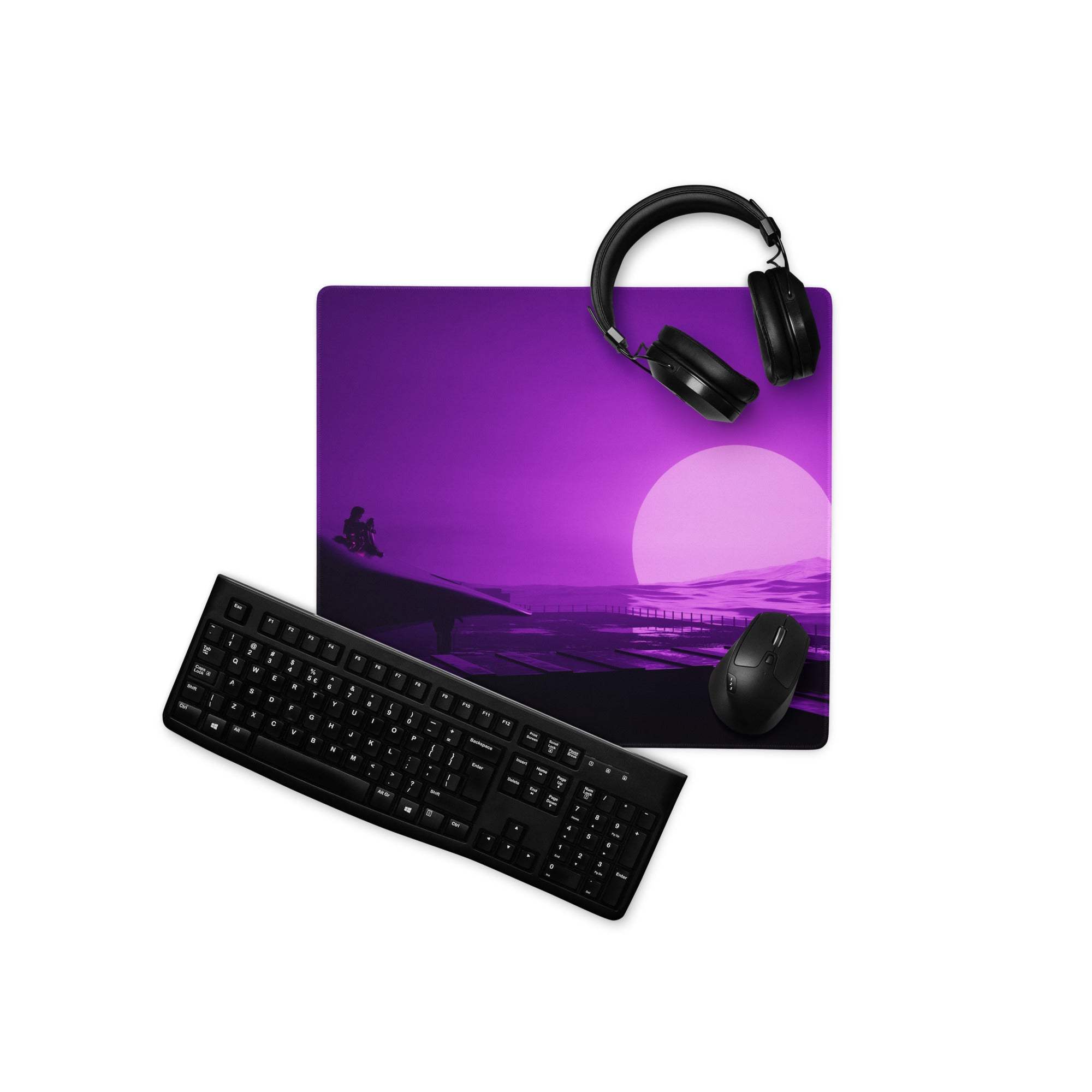 Purple gradient sunset mousepad with dock silhouette, non-slip backing