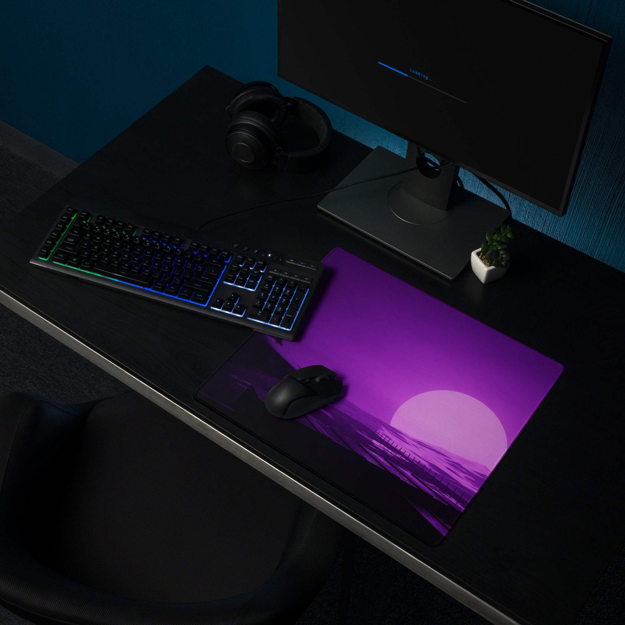 Purple gradient retro sunset gaming mousepad with hills, waves, non-slip backing
