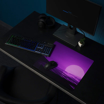 Purple gradient retro sunset gaming mousepad with hills, waves, non-slip backing