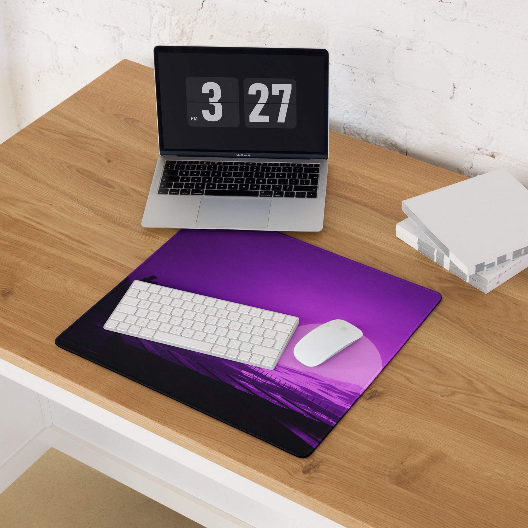 Vibrant purple sunset gaming mousepad with keyboard and mouse